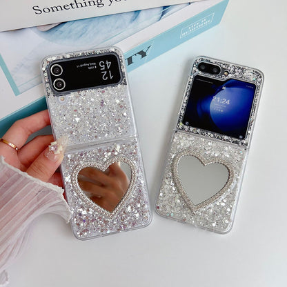 【4-23】Silver sequin heart mirror phone case, compatible with Galaxy Z Flip 6/5/4/3, Samsung folding protective cover, Korean style.