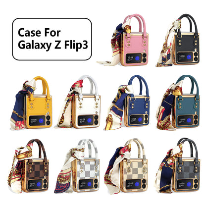 【4-21】Compatible with Samsung Galaxy Z Flip 4/3 folding screen phone case, Z Flip 5/6, stylish leather bag design with electroplated scarf accents.