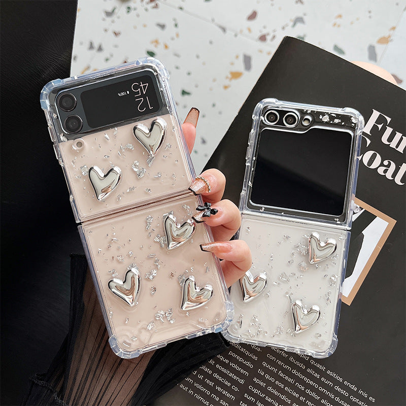 【4-24】 Korean-style Samsung Z Flip 5 folding screen flip case, transparent heart design, compatible with Z Flip 6, silver foil glitter, INS style.