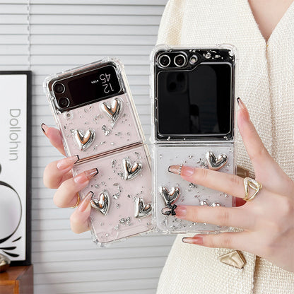 【4-24】 Korean-style Samsung Z Flip 5 folding screen flip case, transparent heart design, compatible with Z Flip 6, silver foil glitter, INS style.