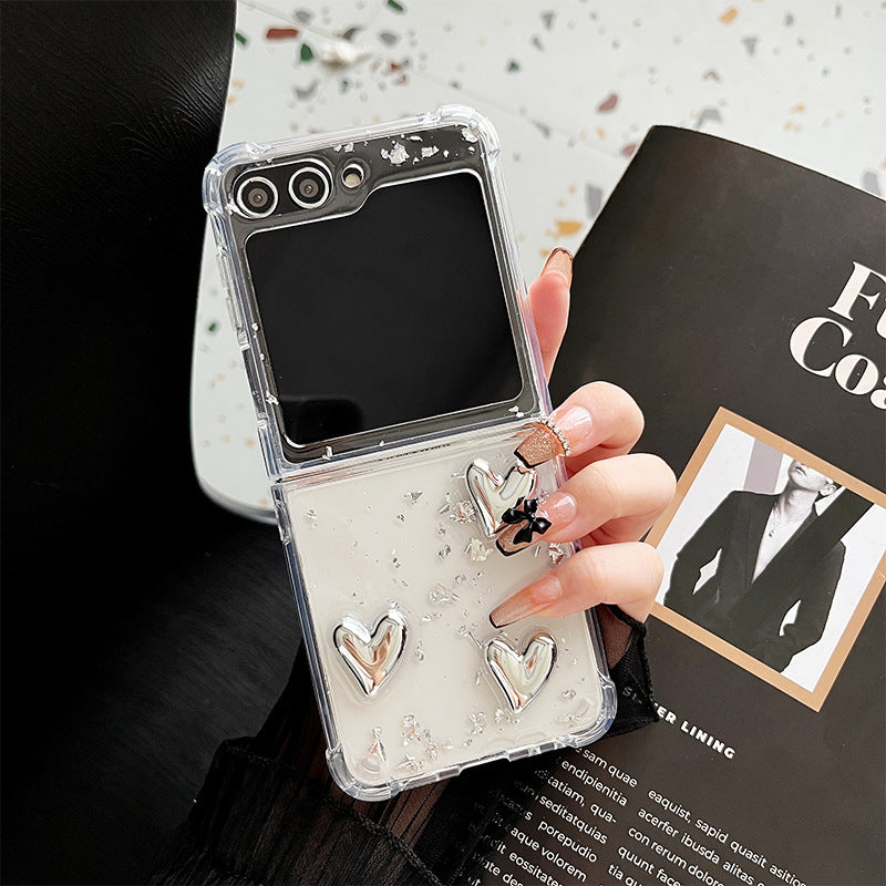 【4-24】 Korean-style Samsung Z Flip 5 folding screen flip case, transparent heart design, compatible with Z Flip 6, silver foil glitter, INS style.