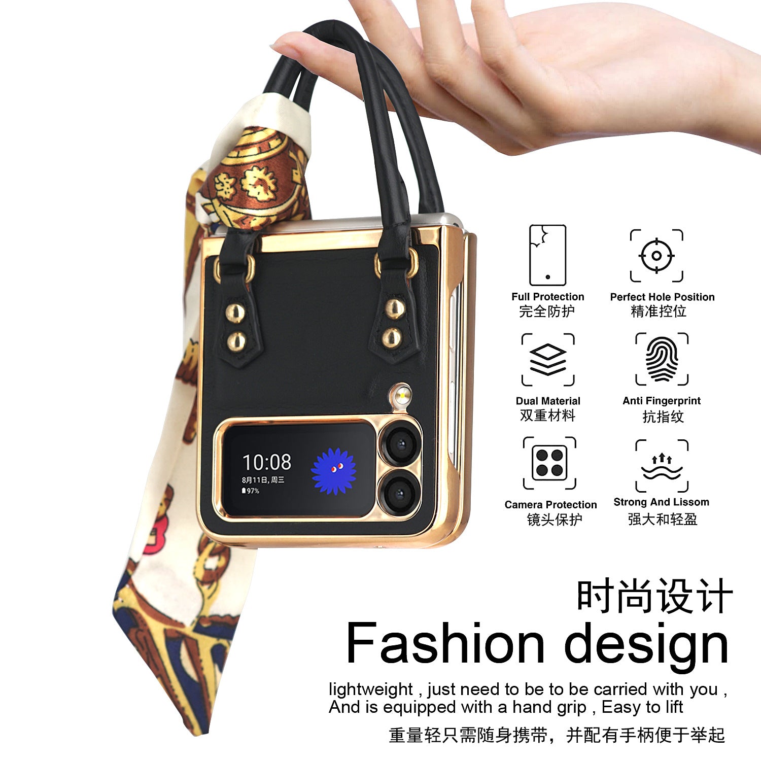 【4-21】Compatible with Samsung Galaxy Z Flip 4/3 folding screen phone case, Z Flip 5/6, stylish leather bag design with electroplated scarf accents.