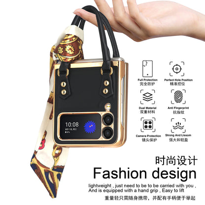 【4-21】Compatible with Samsung Galaxy Z Flip 4/3 folding screen phone case, Z Flip 5/6, stylish leather bag design with electroplated scarf accents.