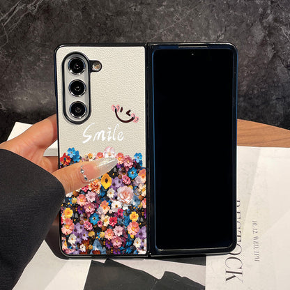 【4-20】Samsung Z Fold 5 phone case, new half-screen floral design, premium W24 artistic folding screen case, ultra-thin leather protective cover for Z Fold 6, Z Fold 4/3, HyunA-style full-coverage shockproof W23 case for women.