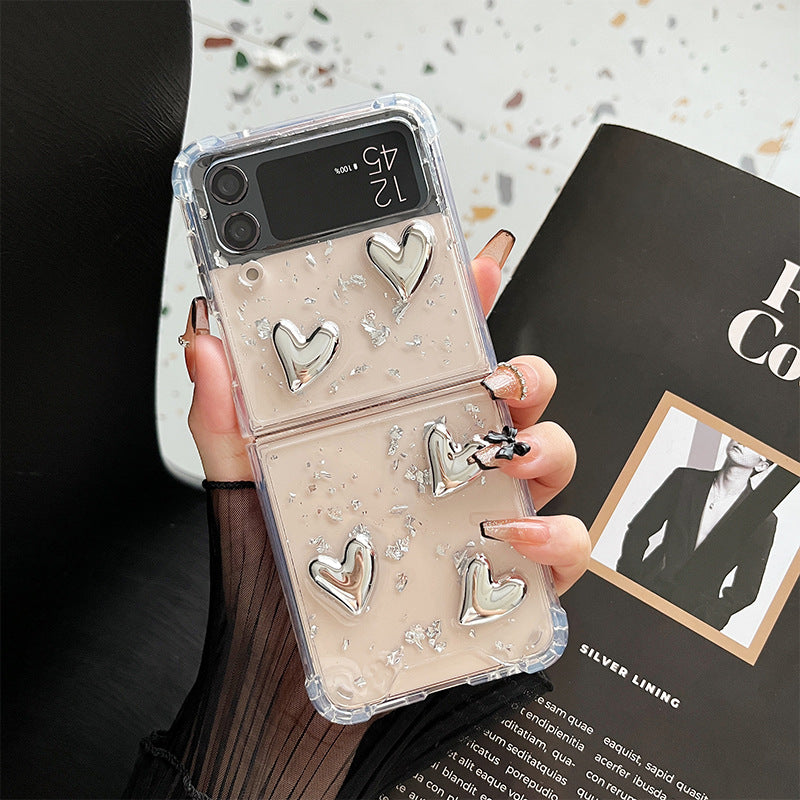 【4-24】 Korean-style Samsung Z Flip 5 folding screen flip case, transparent heart design, compatible with Z Flip 6, silver foil glitter, INS style.