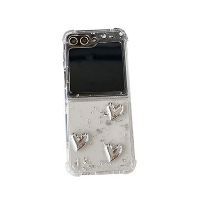 【4-24】 Korean-style Samsung Z Flip 5 folding screen flip case, transparent heart design, compatible with Z Flip 6, silver foil glitter, INS style.