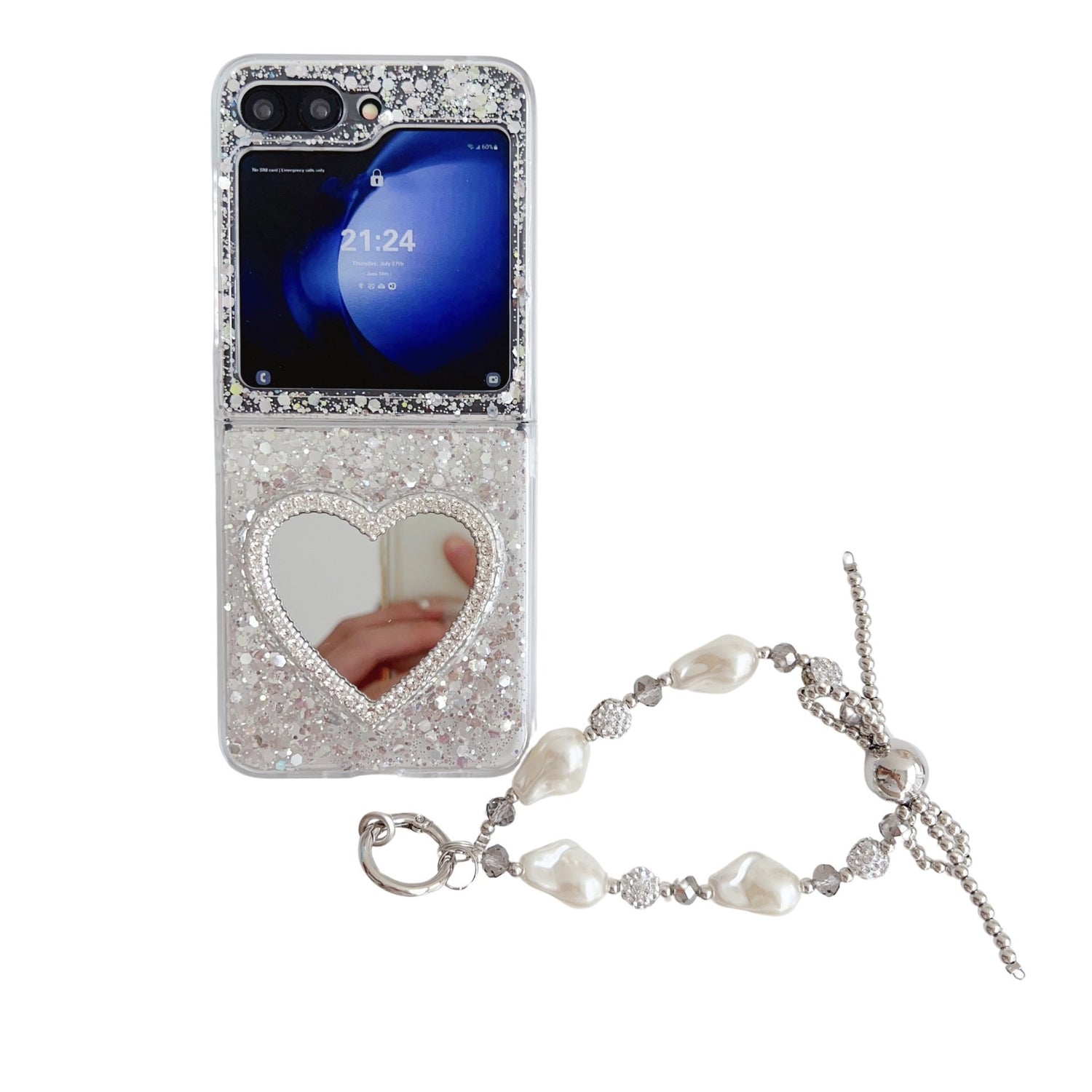 【4-23】Silver sequin heart mirror phone case, compatible with Galaxy Z Flip 6/5/4/3, Samsung folding protective cover, Korean style.