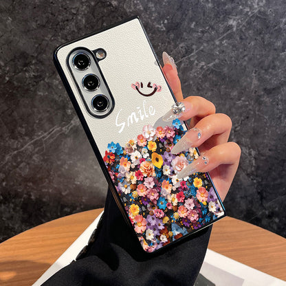 【4-20】Samsung Z Fold 5 phone case, new half-screen floral design, premium W24 artistic folding screen case, ultra-thin leather protective cover for Z Fold 6, Z Fold 4/3, HyunA-style full-coverage shockproof W23 case for women.