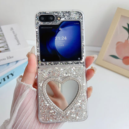 【4-23】Silver sequin heart mirror phone case, compatible with Galaxy Z Flip 6/5/4/3, Samsung folding protective cover, Korean style.