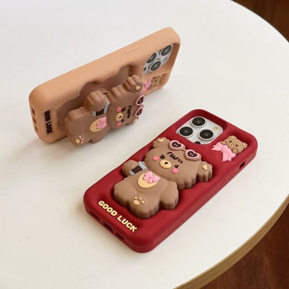 [3-8]Applicable Apple 16promax stand luck bear phone case iPhone16/15/14/13pro cartoon cute