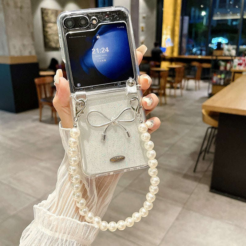 [4-3]Suitable for samsung zflip6 folding phone case pearl chain ZFLIIP3/4 transparent three-dimensional dripping bow case